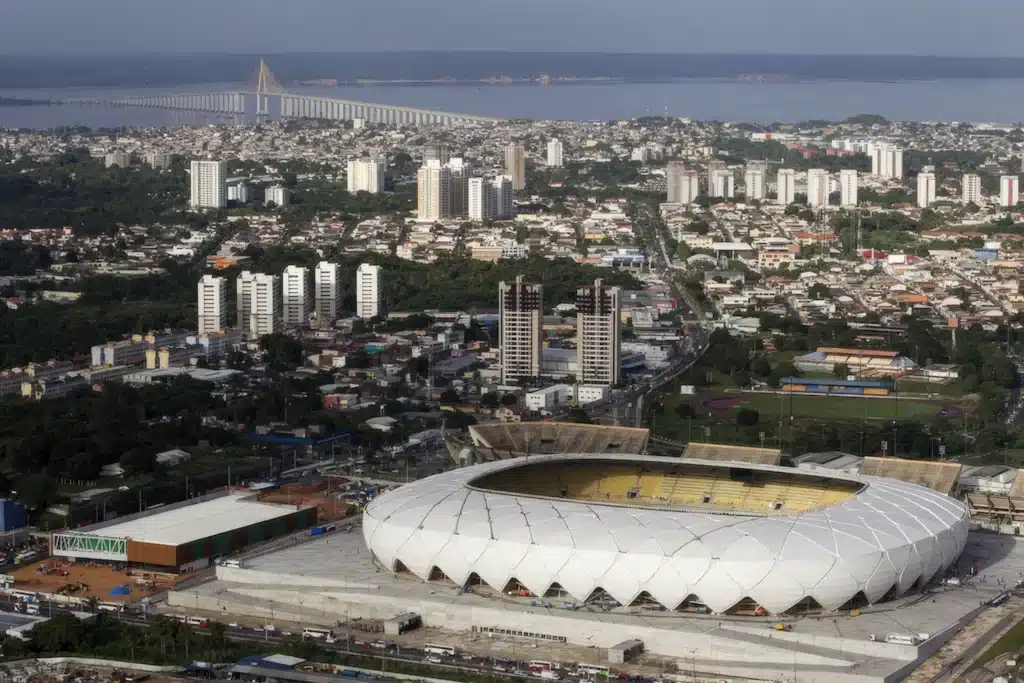 Amazon_Aerial Manaus city stadium and bridge by www.brazilfilms.com a film video and stilll production services company